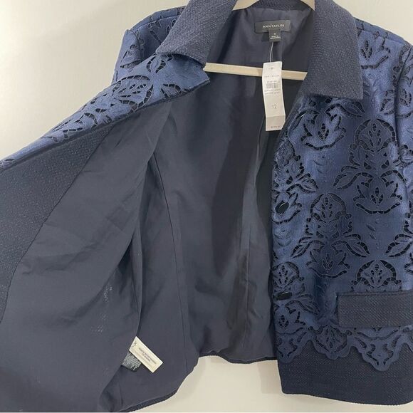 NWT Ann Taylor Navy Blue Damask Lace Collared Blazer Jacket Size 12 Coat - Picture 7 of 9